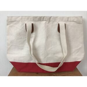 Vintage Style Cotton Canvas Red Beige Beach Vacation Tote Bag Large 21" x 14"